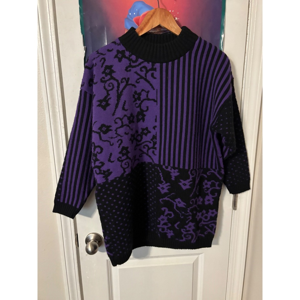 Kate Collins Vintage Purple Black Color Block Pattern Knit Sweater Womens Small